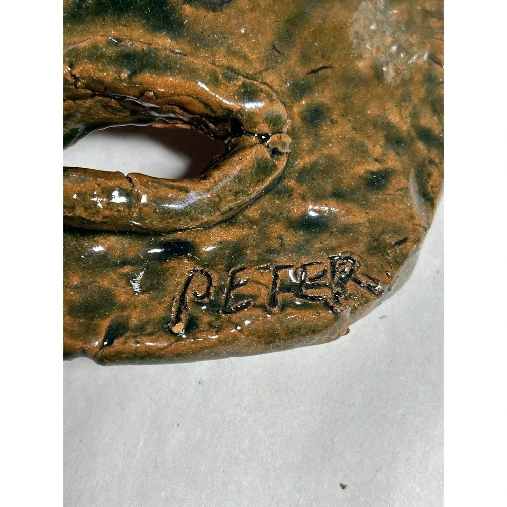 Vintage Clay Face Folk Art Ornament Hang Signed  Peter Artist Decor Collectible